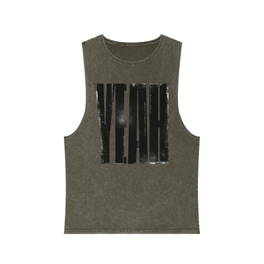 Tank Top Unisex Stonewash Yeah by Mariu del Campo — moss stone option front view