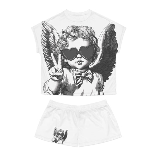 Pajama Women's Short Set White by Mariu del Campo — model wearing set, lifestyle bedroom