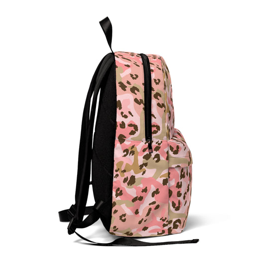 Backpack Unisex Classic Pink Leopard by Mariu del Campo — side view and handles