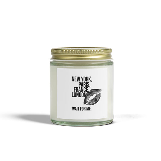 Scented Coconut Apricot Candle Wait for Me by Mariu del Campo — 9oz size lit lifestyle