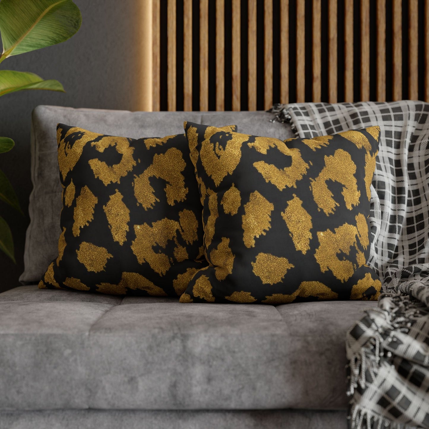 Pillowcase Square Poly Canvas gold leopard black by Mariu del Campo. - Mariu del Campo