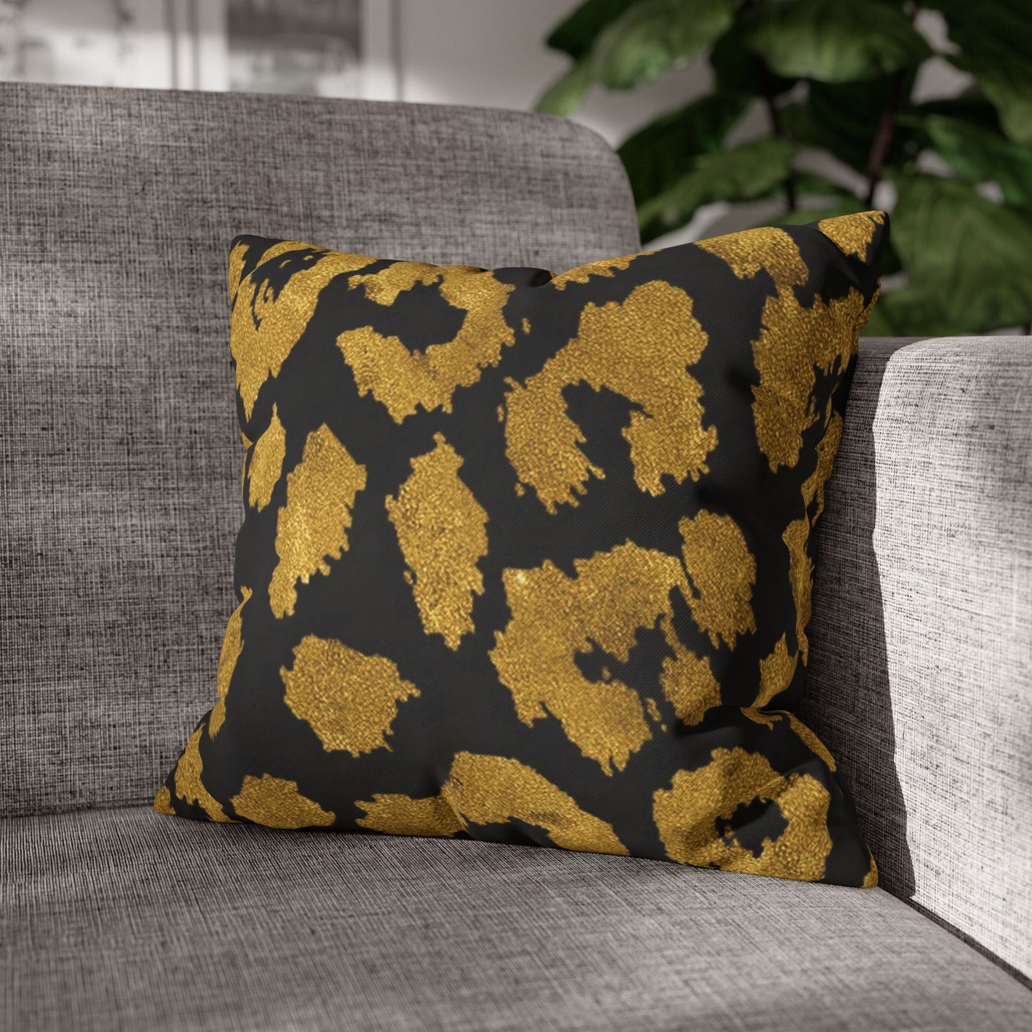 Pillowcase Square Poly Canvas gold leopard black by Mariu del Campo. - Mariu del Campo