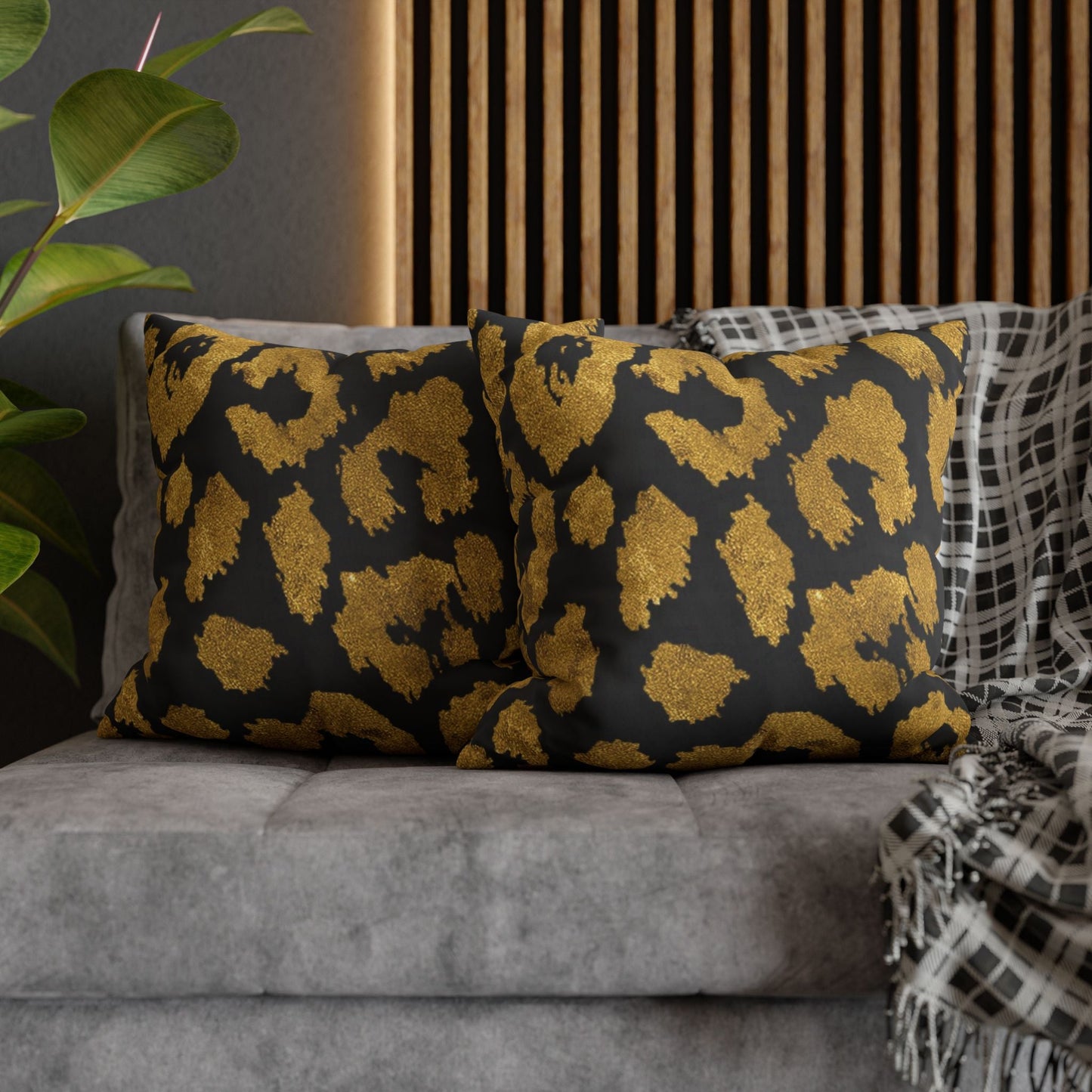 Pillowcase Square Poly Canvas gold leopard black by Mariu del Campo. - Mariu del Campo
