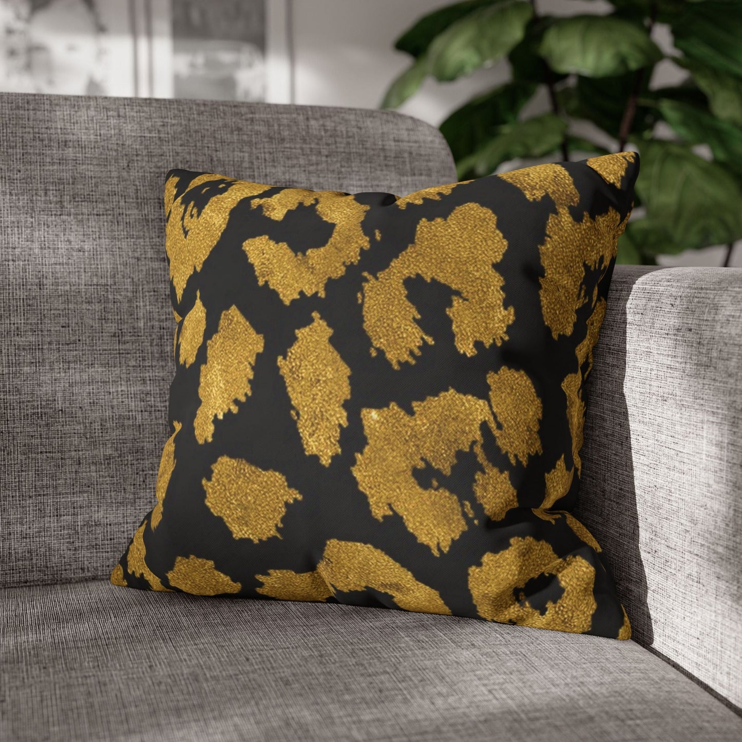 Pillowcase Square Poly Canvas gold leopard black by Mariu del Campo. - Mariu del Campo