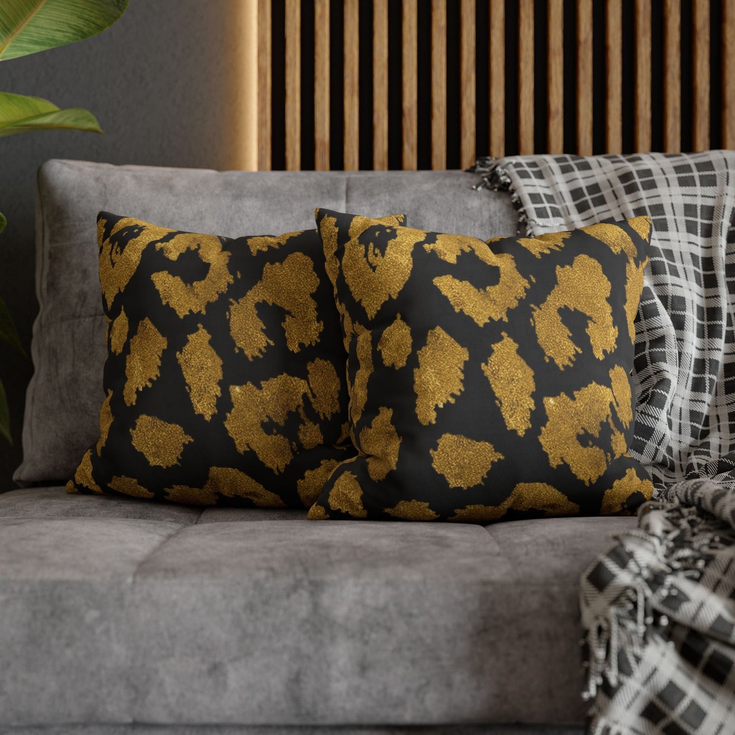 Pillowcase Square Poly Canvas gold leopard black by Mariu del Campo. - Mariu del Campo