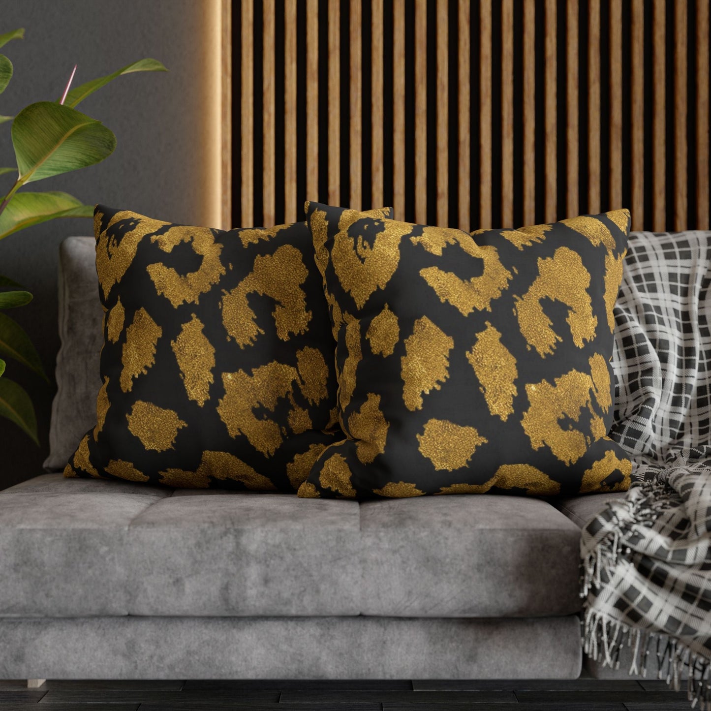 Pillowcase Square Poly Canvas gold leopard black by Mariu del Campo. - Mariu del Campo