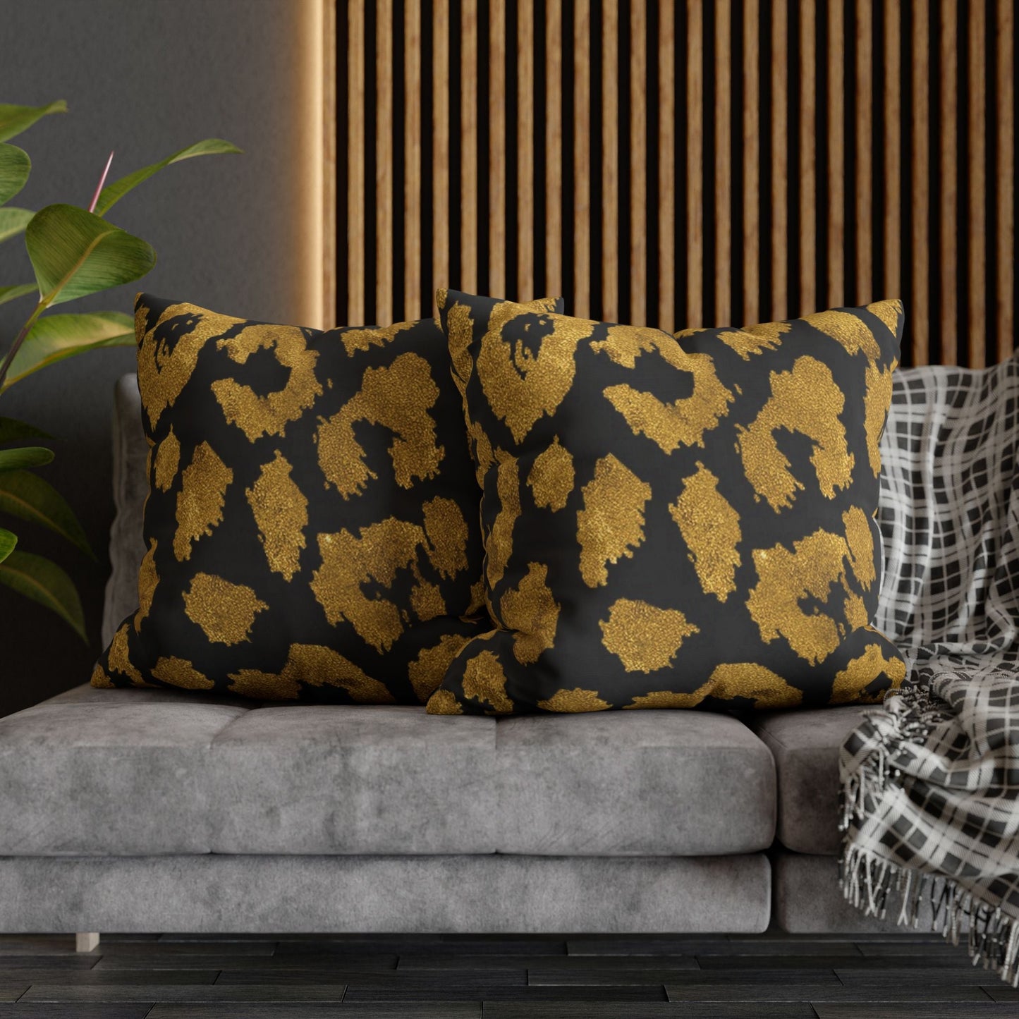 Pillowcase Square Poly Canvas gold leopard black by Mariu del Campo. - Mariu del Campo