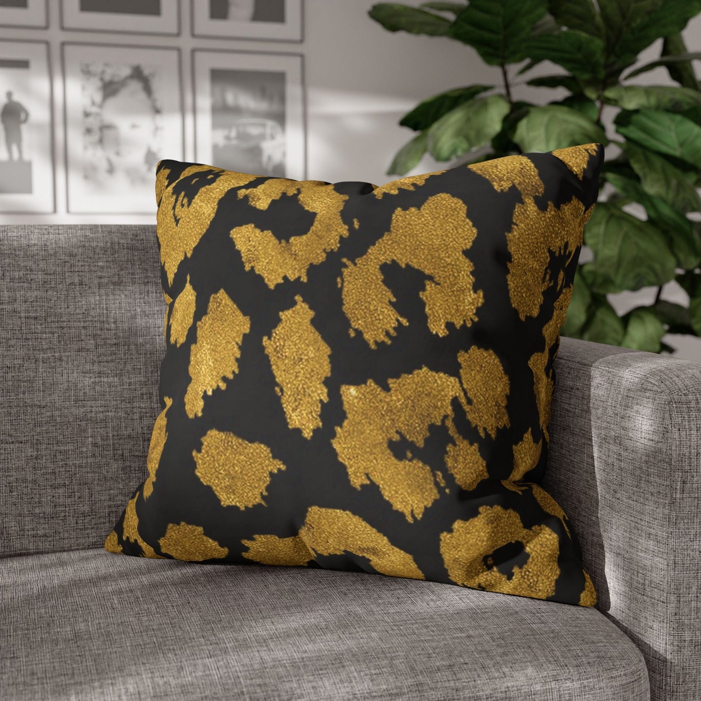 Pillowcase Square Poly Canvas gold leopard black by Mariu del Campo. - Mariu del Campo