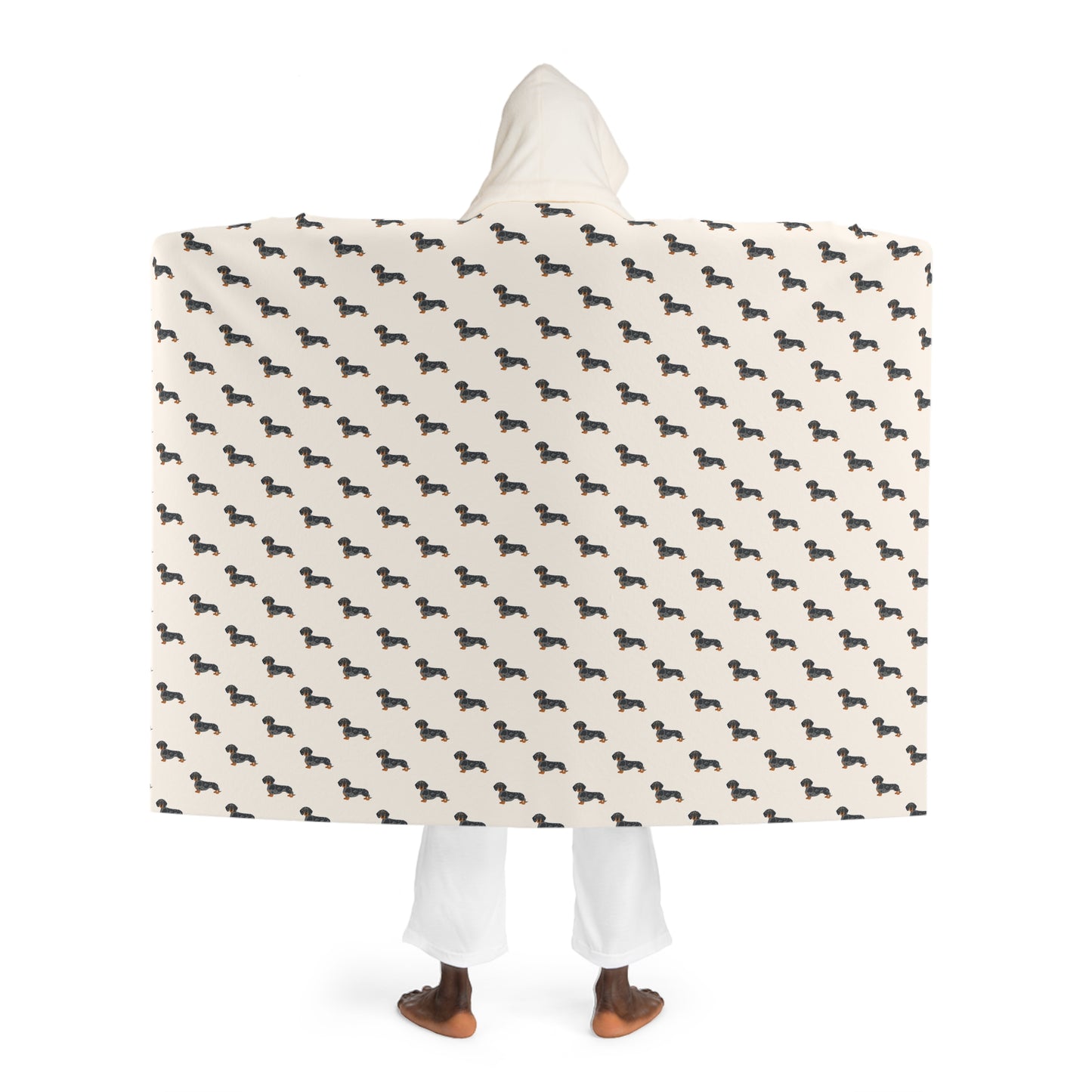 Blanket Hooded Sherpa Dachshund by Mariu del Campo — model wrapped in blanket