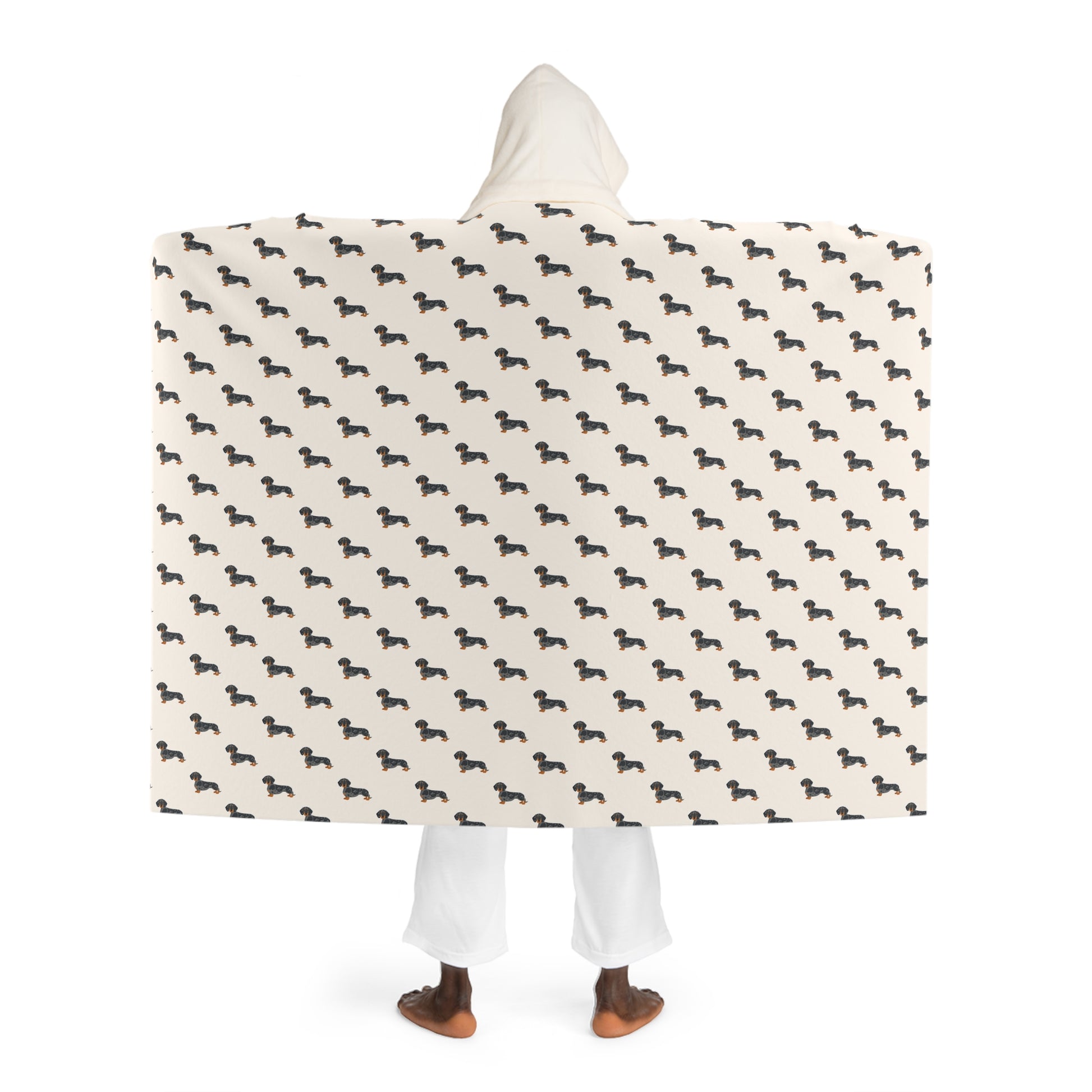 Blanket Hooded Sherpa Dachshund by Mariu del Campo — model wrapped in blanket
