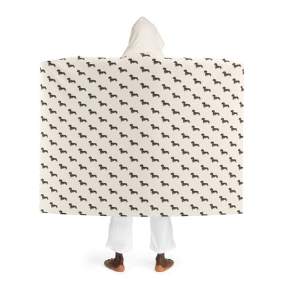Blanket Hooded Sherpa Dachshund by Mariu del Campo — model wrapped in blanket