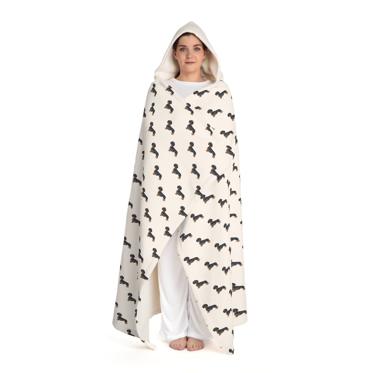Blanket Hooded Sherpa Dachshund by Mariu del Campo — cream front view