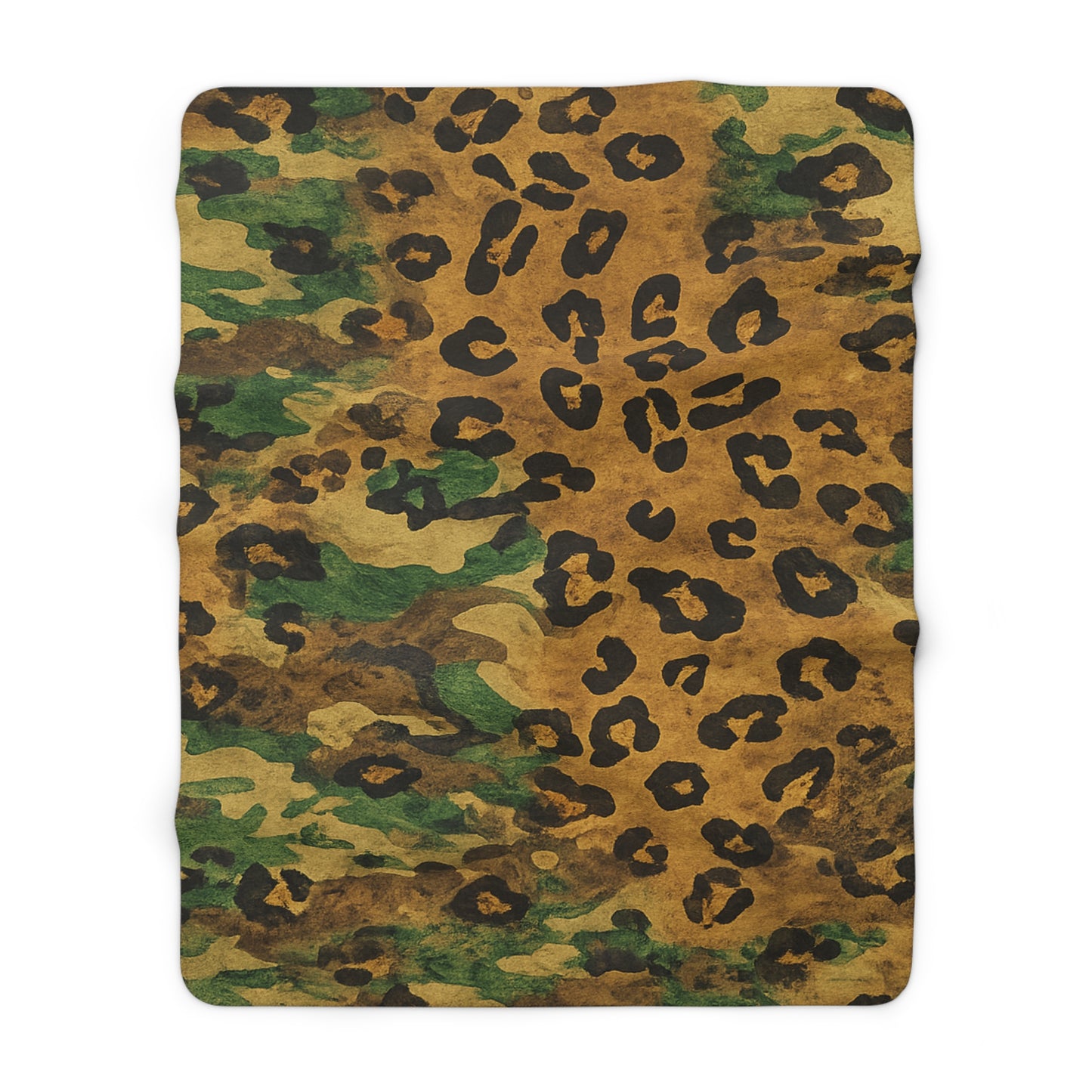 Sherpa Blanket Camo Leopard by Mariu del Campo — 50x60 size draped on sofa