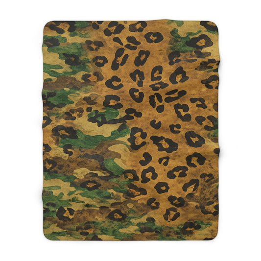 Sherpa Blanket Camo Leopard by Mariu del Campo — 50x60 size draped on sofa