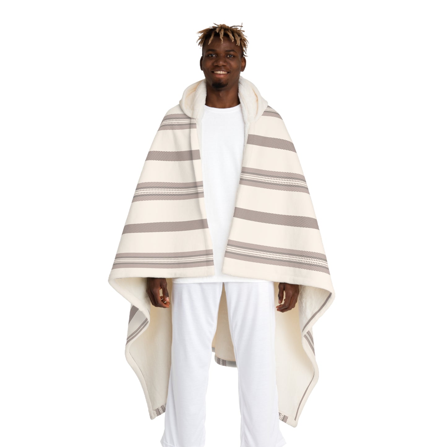 Blanket Hooded Sherpa Striped by Mariu del Campo — cream front view