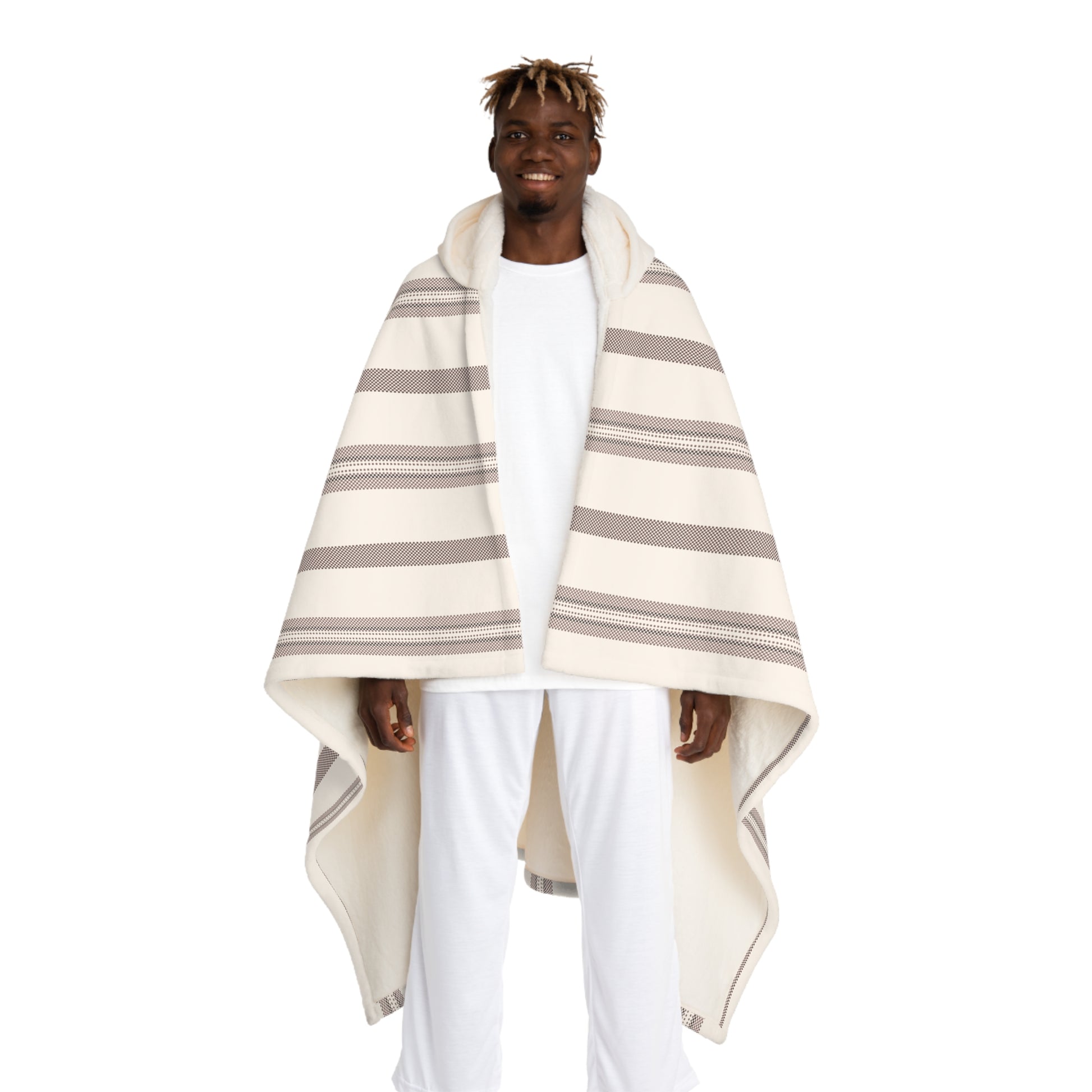Blanket Hooded Sherpa Striped by Mariu del Campo — cream front view