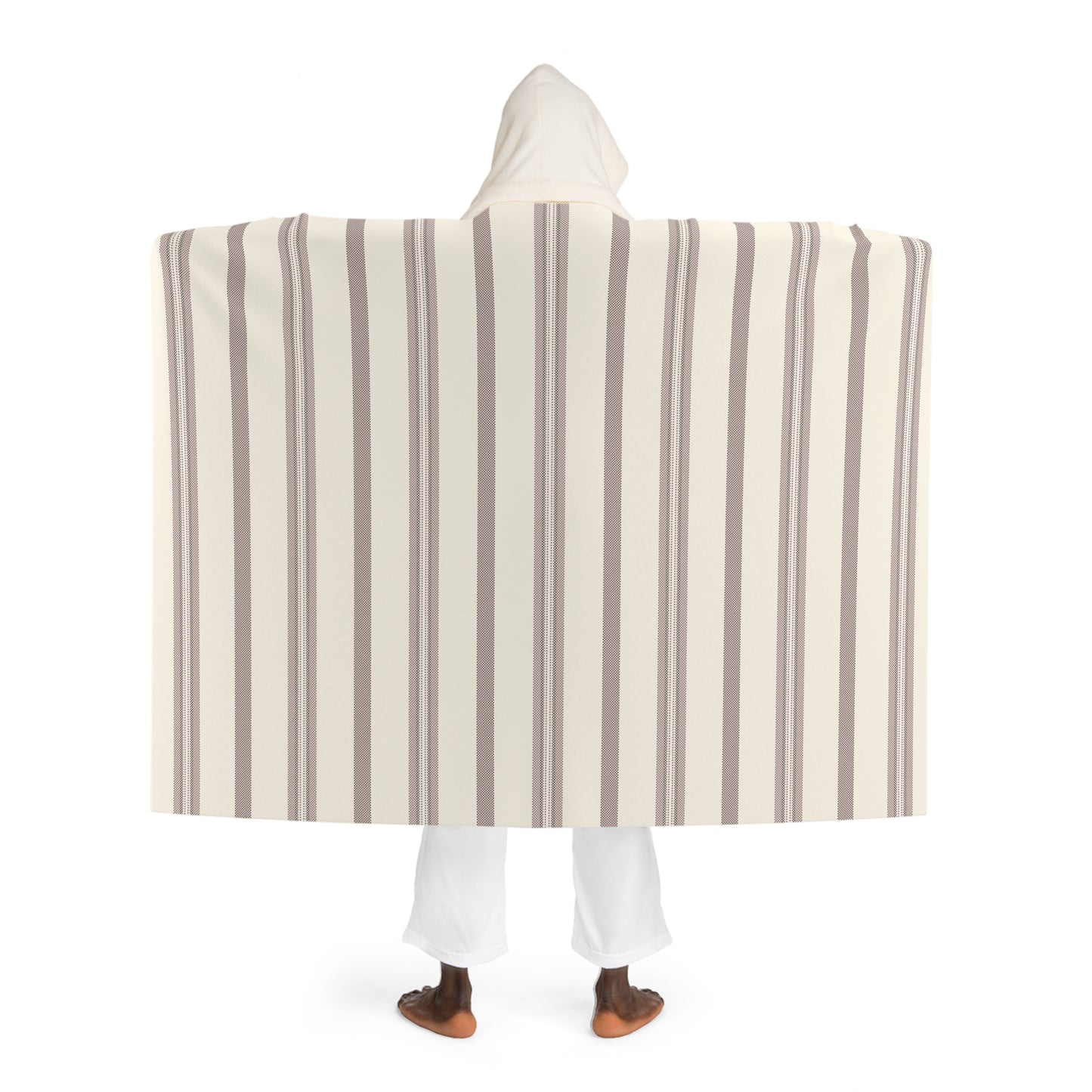 Blanket Hooded Sherpa Striped by Mariu del Campo — model wrapped in blanket
