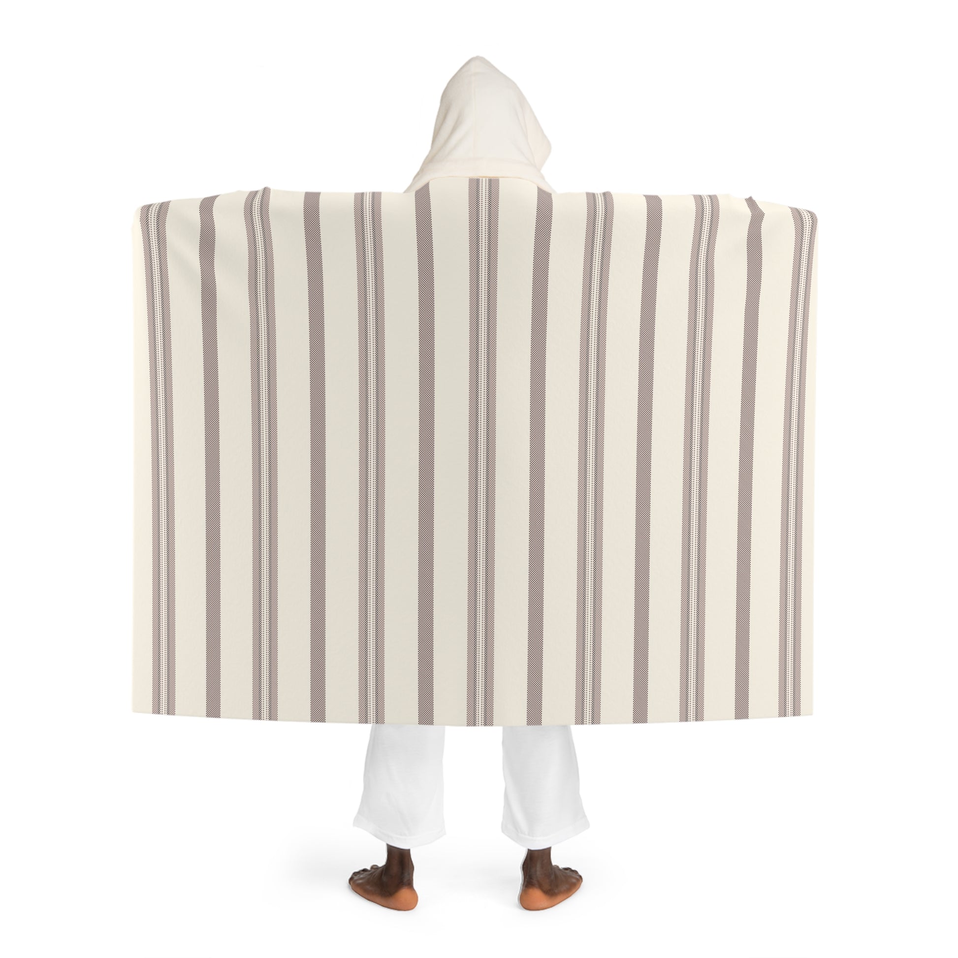 Blanket Hooded Sherpa Striped by Mariu del Campo — model wrapped in blanket